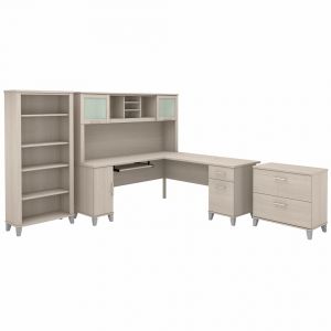 Bush Furniture - Somerset 72W L Desk with Hutch and Lateral File and Bookcase in Sand Oak - SET012SO