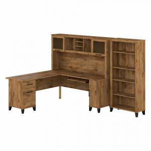 Bush Furniture - Somerset 72W L Shaped Desk with Hutch and 5 Shelf Bookcase in Fresh Walnut - SET011FW