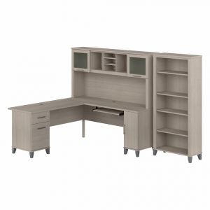 Bush Furniture - Somerset 72W L Shaped Desk with Hutch and 5 Shelf Bookcase in Sand Oak - SET011SO