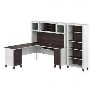 Bush Furniture - Somerset 72W L Shaped Desk with Hutch and 5 Shelf Bookcase in White and Storm Gray - SET011SGWH