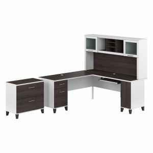 Bush Furniture - Somerset 72W L Shaped Desk with Hutch and Lateral File Cabinet in White and Storm Gray - SET009SGWH