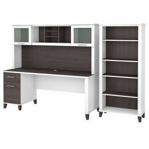 Bush Furniture - Somerset 72W Office Desk with Hutch and 5 Shelf Bookcase in White and Storm Gray - SET020SGWH