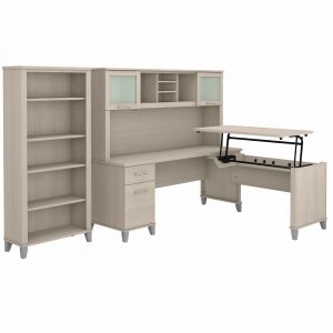 Bush Furniture - Somerset 72W Sit to Stand L Desk with Hutch and Bookcase in Sand Oak - SET017SO