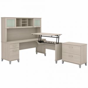 Bush Furniture - Somerset 72W Sit to Stand L Desk with Hutch and Lateral File in Sand Oak - SET016SO