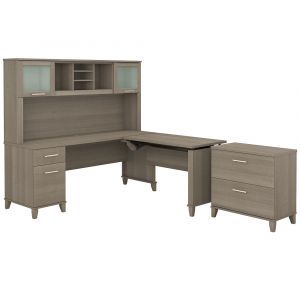 Bush Furniture - Somerset 72W Sit to Stand L Shaped Desk with Hutch and File Cabinet in Ash Gray - SET016AG