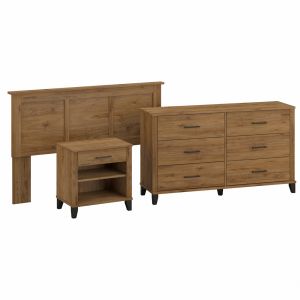 Bush Furniture - Somerset  Full/Queen Headboard w 6 Drawer Dresser and Nightstand in Fresh Walnut - SET003FW