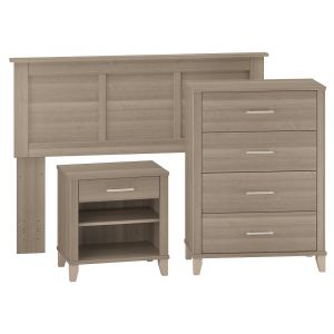 Bush Furniture - Somerset Headboard, Chest of Drawers and Nightstand Bedroom Set in Ash Gray - SET005AG