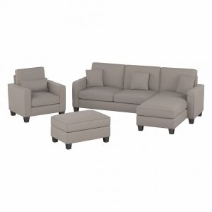 Bush Furniture - Stockton 102W Reversible Chaise Sectional, Accent Chair and Ottoman in Beige Herringbone Fabric - SKT021BGH