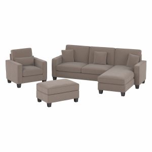Bush Furniture - Stockton 102W Reversible Chaise Sectional, Accent Chair and Ottoman in Tan Microsuede Fabric - SKT021TNM