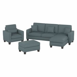 Bush Furniture - Stockton 102W Reversible Chaise Sectional, Accent Chair and Ottoman in Turkish Blue Herringbone Fabric - SKT021TBH