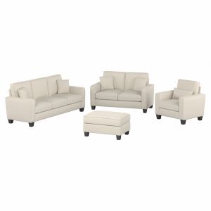 Bush Furniture - Stockton 85W Sofa w 61W Loveseat, Accent Chair and Ottoman in Cream Herringbone Fabric - SKT020CRH