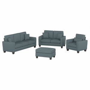 Bush Furniture - Stockton 85W Sofa w 61W Loveseat, Accent Chair and Ottoman in Turkish Blue Herringbone Fabric - SKT020TBH