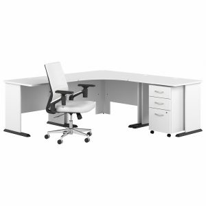 Bush Furniture - Studio A 83W Large Corner Gaming Desk with Chair and Drawers in White - STA011WHSU