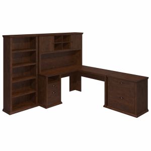 Bush Furniture - Yorktown 60W L Shaped Desk with Hutch, Lateral File Cabinet and 5 Shelf Bookcase in Antique Cherry - YRK003ANC