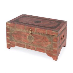 Butler Specialty Company - Artifacts - Nador 32 in. W Rectangular Hand-Painted Wood & Brass Inlay Storage Trunk Coffee Table, Pink - 3365216