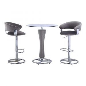 Chintaly - Daniella Contemporary Pub Set w/ Round Glass Table, Upholstered Pedestal & 2 Stools - DANIELLA-PUB-3PC