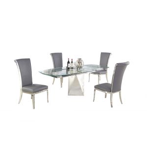 Chintaly - Gloria - Contemporary Motion-Extendable Glass Dining Set w/ 4 Chairs - GLORIA-JOY-5PC-GRY