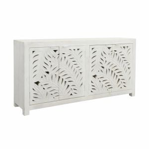 Coast to Coast Imports - Boho Inspired 4 Door Storage Credenza or Sideboard with Fern Cutout Design - White - 73314