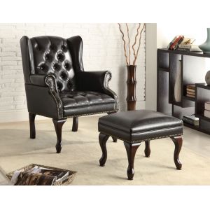Coaster - Roberts Black Vinyl Button Tufted Wing Chair W/ Ottoman - 900262