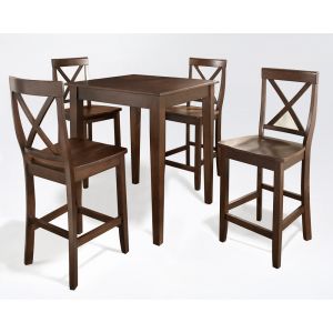 Crosley Furniture - 5 Piece Pub Dining Set with Tapered Leg and X-Back Stools in Vintage Mahogany Finish - KD520005MA