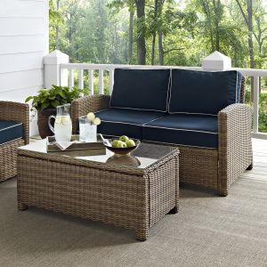 Crosley Furniture - Bradenton 2 Piece Outdoor Wicker Seating Set with Navy Cushions - Loveseat & Glass Top Table - KO70025WB-NV