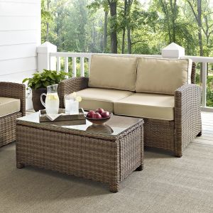 Crosley Furniture - Bradenton 2 Piece Outdoor Wicker Seating Set with Sand Cushions - Loveseat & Glass Top Table - KO70025WB-SA