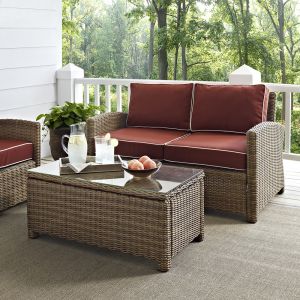 Crosley Furniture - Bradenton 2 Piece Outdoor Wicker Seating Set with Sangria Cushions - Loveseat & Glass Top Table - KO70025WB-SG