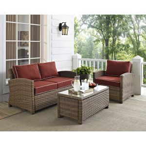 Crosley Furniture - Bradenton 3 Piece Outdoor Wicker Seating Set with Sangria Cushions - Loveseat, Arm Chair & Glass Top Table - KO70027WB-SG