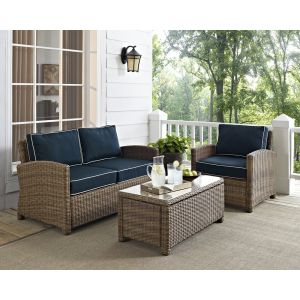 Crosley Furniture - Bradenton 3 Piece Outdoor Wicker Seating Set with Navy Cushions - Loveseat, Arm Chair & Glass Top Table - KO70027WB-NV