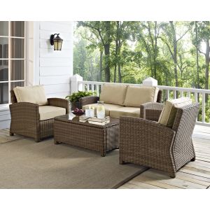 Crosley Furniture - Bradenton 4 Piece Outdoor Wicker Seating Set with Sand Cushions - Loveseat, Two Arm Chairs & Glass Top Table - KO70024WB-SA