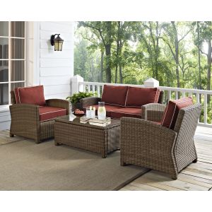 Crosley Furniture - Bradenton 4 Piece Outdoor Wicker Seating Set with Sangria Cushions - Loveseat, Two Arm Chairs & Glass Top Table - KO70024WB-SG