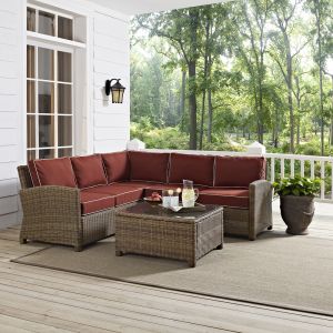 Crosley Furniture - Bradenton 4-Piece Outdoor Wicker Seating Set with Sangria Cushions - Right Corner Loveseat, Left Corner Loveseat, Corner Chair, Sectional Glass Top Coffee Table - KO70019WB-SG