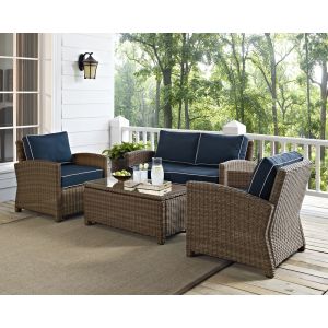 Crosley Furniture - Bradenton 4 Piece Outdoor Wicker Seating Set with Navy Cushions - Loveseat, Two Arm Chairs & Glass Top Table - KO70024WB-NV
