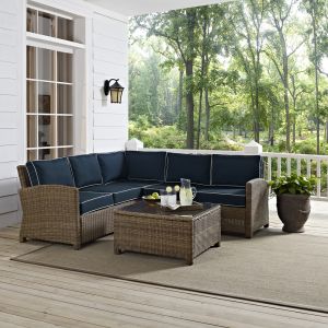 Crosley Furniture - Bradenton 4-Piece Outdoor Wicker Seating Set with Navy Cushions - Right Corner Loveseat, Left Corner Loveseat, Corner Chair, Sectional Glass Top Coffee Table - KO70019WB-NV