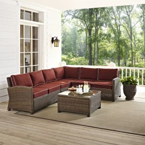 Crosley Furniture - Bradenton 5-Piece Outdoor Wicker Seating Set with Sangria Cushions - Right Corner Loveseat, Left Corner Loveseat, Corner Chair, Center Chair, Sectional Glass Top Coffee Table - KO70020WB-SG
