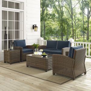 Crosley Furniture - Bradenton 5-Piece Outdoor Wicker Conversation Set with Navy Cushions - Loveseat, Two Arm Chairs, Side Table & Glass Top Table - KO70050WB-NV