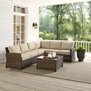 Crosley Furniture - Bradenton 5-Piece Outdoor Wicker Seating Set with Sand Cushions - Right Corner Loveseat, Left Corner Loveseat, Corner Chair, Center Chair, Sectional Glass Top Coffee Table - KO70020WB-SA