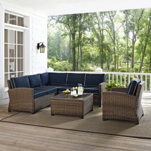 Crosley Furniture - Bradenton 5-Piece Outdoor Wicker Seating Set with Navy Cushions - Right Corner Loveseat, Left Corner Loveseat, Corner Chair, Arm Chair, Sectional Glass Top Coffee Table - KO70021WB-NV