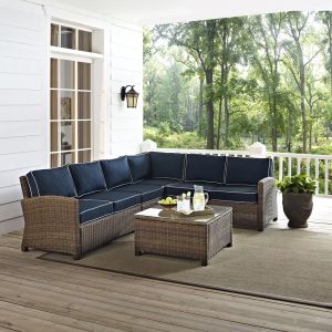 Crosley Furniture - Bradenton 5-Piece Outdoor Wicker Seating Set with Navy Cushions - Right Corner Loveseat, Left Corner Loveseat, Corner Chair, Center Chair, Sectional Glass Top Coffee Table - KO70020WB-NV