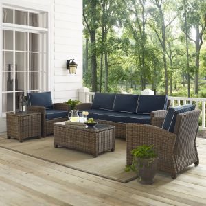 Crosley Furniture - Bradenton 5-Piece Outdoor Wicker Sofa Conversation Set with Navy Cushions - Sofa, Two Arm Chairs, Side Table & Glass Top Table - KO70051WB-NV