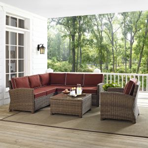 Crosley Furniture - Bradenton 5-Piece Outdoor Wicker Seating Set with Sangria Cushions - Right Corner Loveseat, Left Corner Loveseat, Corner Chair, Arm Chair, Sectional Glass Top Coffee Table - KO70021WB-SG