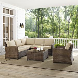 Crosley Furniture - Bradenton 5-Piece Outdoor Wicker Seating Set with Sand Cushions - Right Corner Loveseat, Left Corner Loveseat, Corner Chair, Arm Chair, Sectional Glass Top Coffee Table - KO70021WB-SA