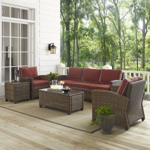 Crosley Furniture - Bradenton 5-Piece Outdoor Wicker Sofa Conversation Set with Sangria Cushions - Sofa, Two Arm Chairs, Side Table & Glass Top Table - KO70051WB-SG