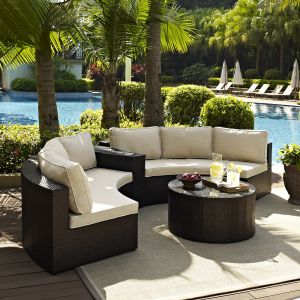Crosley Furniture - Catalina 4 Piece Outdoor Wicker Seating Set with Sand Cushions - Two Round Sectional Sofas, Arm Table, and Round Glass Top Coffee Table - KO70035BR