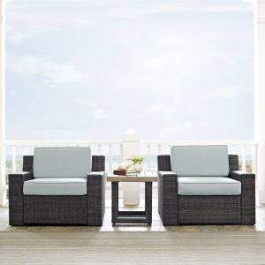 Crosley Furniture - Beaufort 3 Pc Outdoor Wicker Seating Set With Mist Cushion - Two Chairs, Side Table - KO70124BR-MI