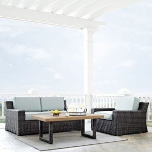 Crosley Furniture - Beaufort 3 Pc Outdoor Wicker Seating Set With Mist Cushion - Loveseat, Chair , Coffee Table - KO70101BR