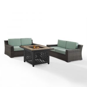 Crosley Furniture - Beaufort 3 Piece Outdoor Wicker Conversation Set With Fire Table Mist/Brown - Fire Table & 2 Loveseats - KO70175BR