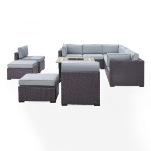 Crosley Furniture - Biscayne 8Pc Outdoor Wicker Sectional Set With Fire Table in Mist - Three Loveseats, Two Armless Chairs, Two Ottomans, Tucson Firetable - KO70117BR-MI
