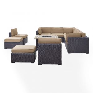 Crosley Furniture - Biscayne 8Pc Outdoor Wicker Sectional Set With Fire Table in Mocha - Three Loveseats, Two Armless Chairs, Two Ottomans, Tucson Firetable - KO70117BR-MO