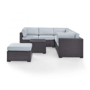 Crosley Furniture - Biscayne 5Pc Outdoor Wicker Sectional Set in Mist- Two Loveseats, One Corner Chair, Coffee Table, Ottoman - KO70106BR-MI